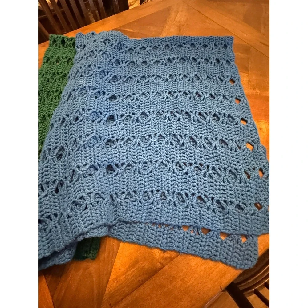 Handmade Granny Crochet Throw Blanket Green Blue Two Tone Open‎ Weave Boho Wrap